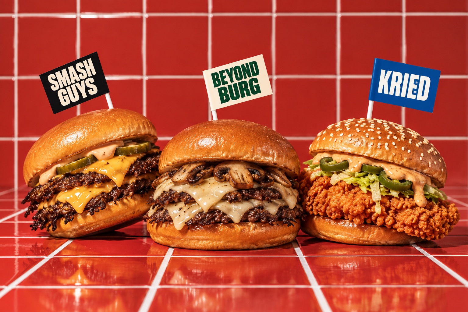 AI-created illustration of Smash Guys, Beyond Burg and Kried inspired burgers with name flags on red tiles