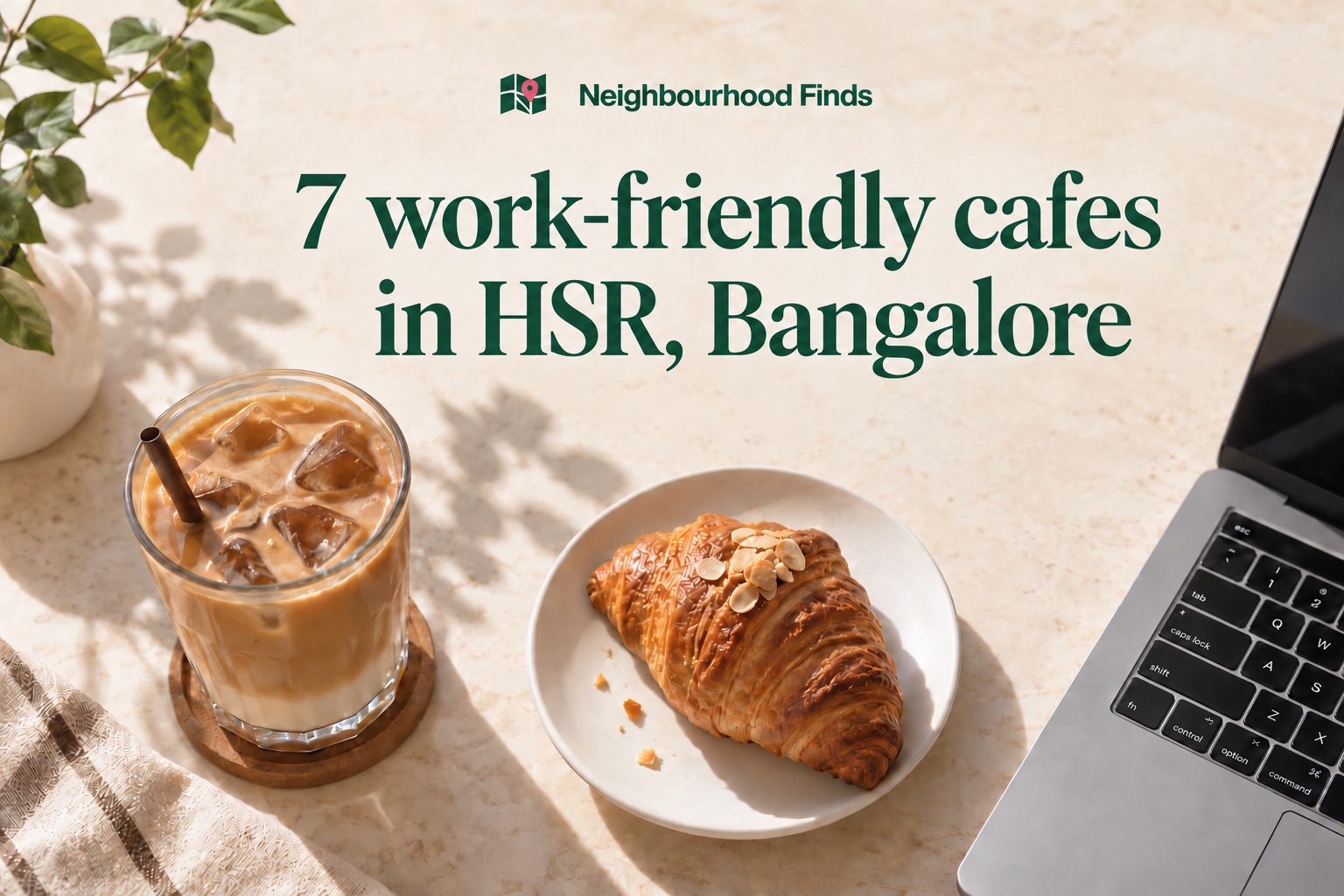 Coffee, a croissant and a laptop on a sunlit table, with the HSR work-friendly cafés guide title