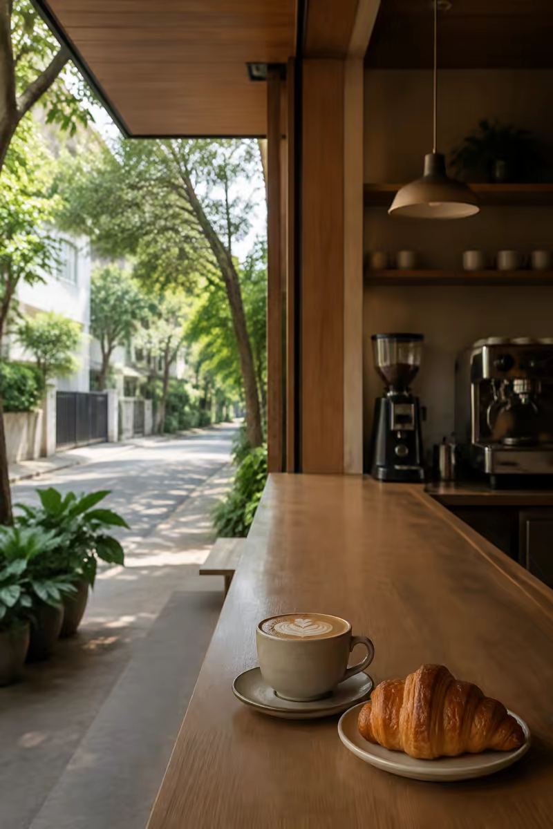 Cappuccino and a croissant at a speciality cafe beside a quiet tree-lined lane in HSR Layout