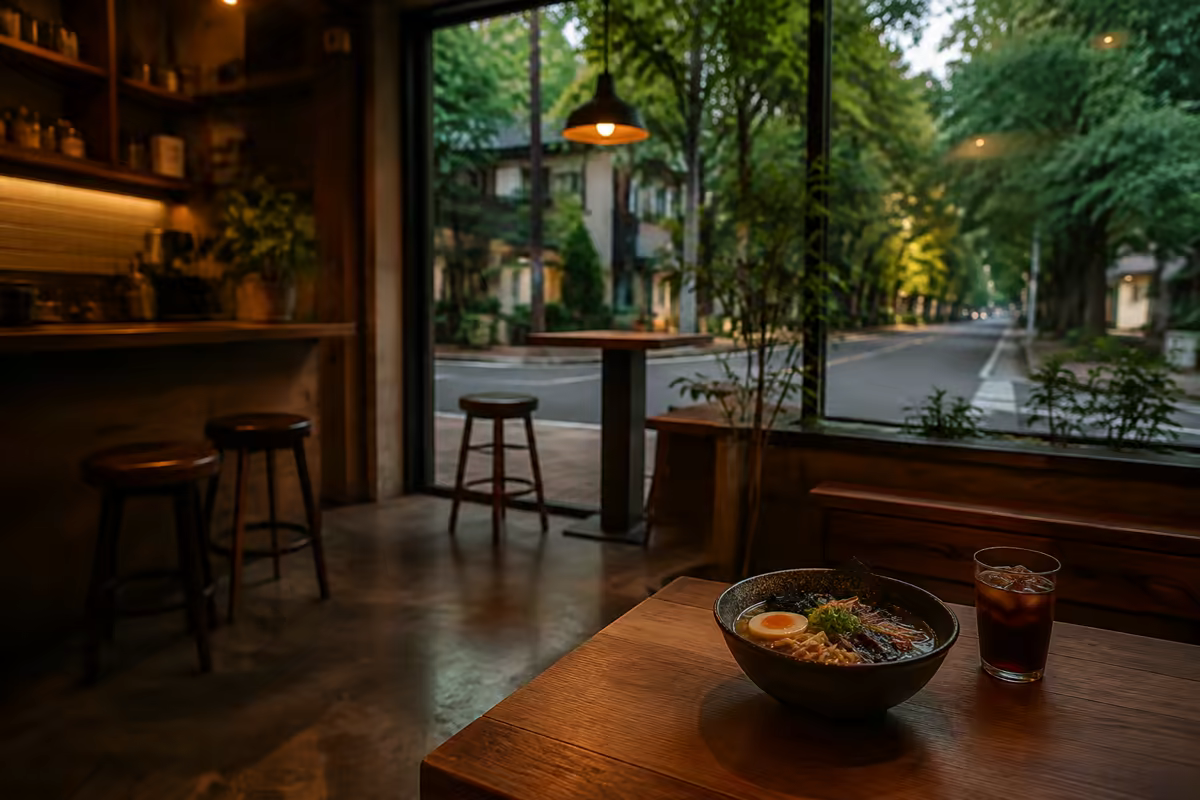 Ramen and an iced drink in a quiet street-facing cafe in HSR Layout