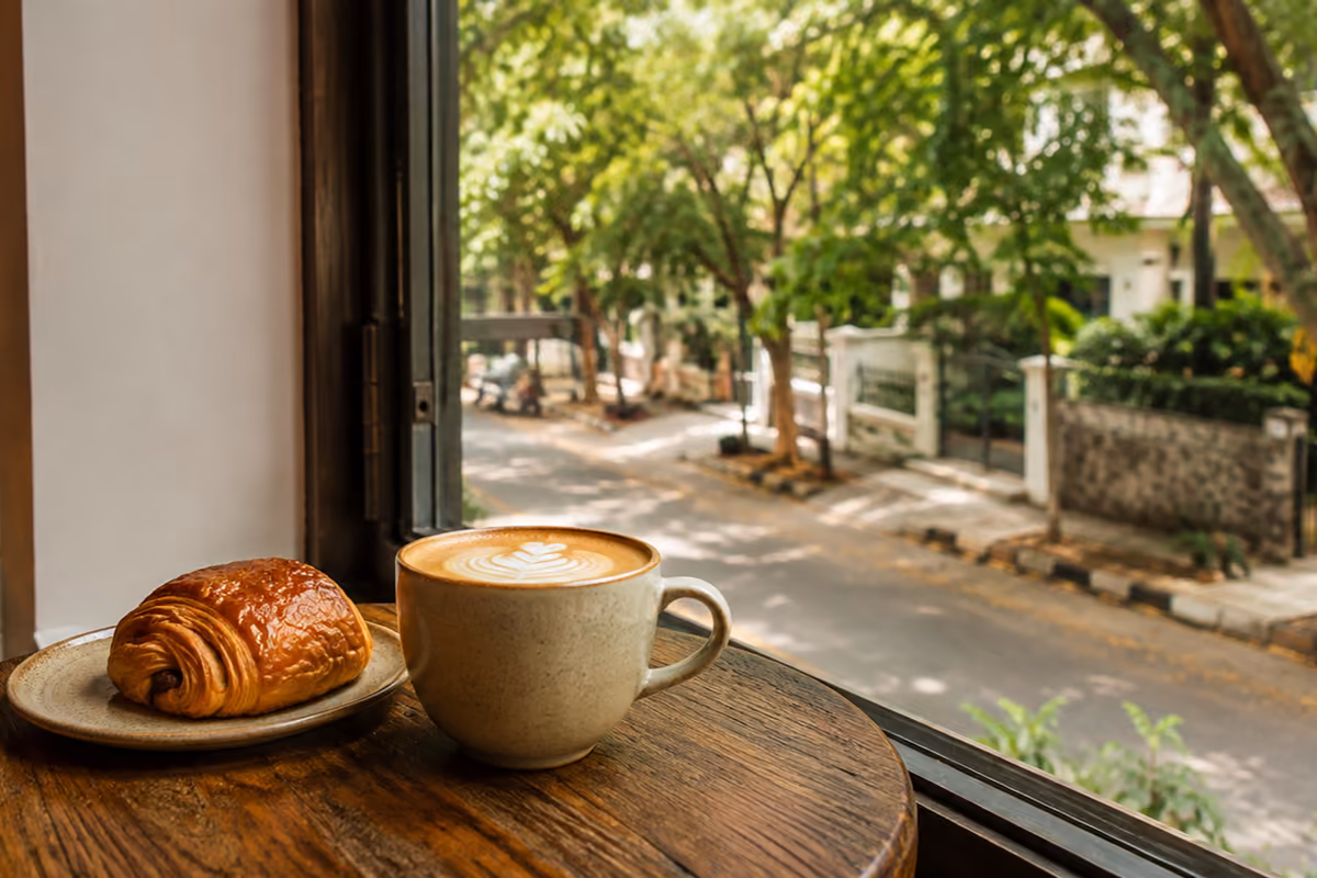 Cappuccino and a croissant beside a leafy residential lane in JP Nagar
