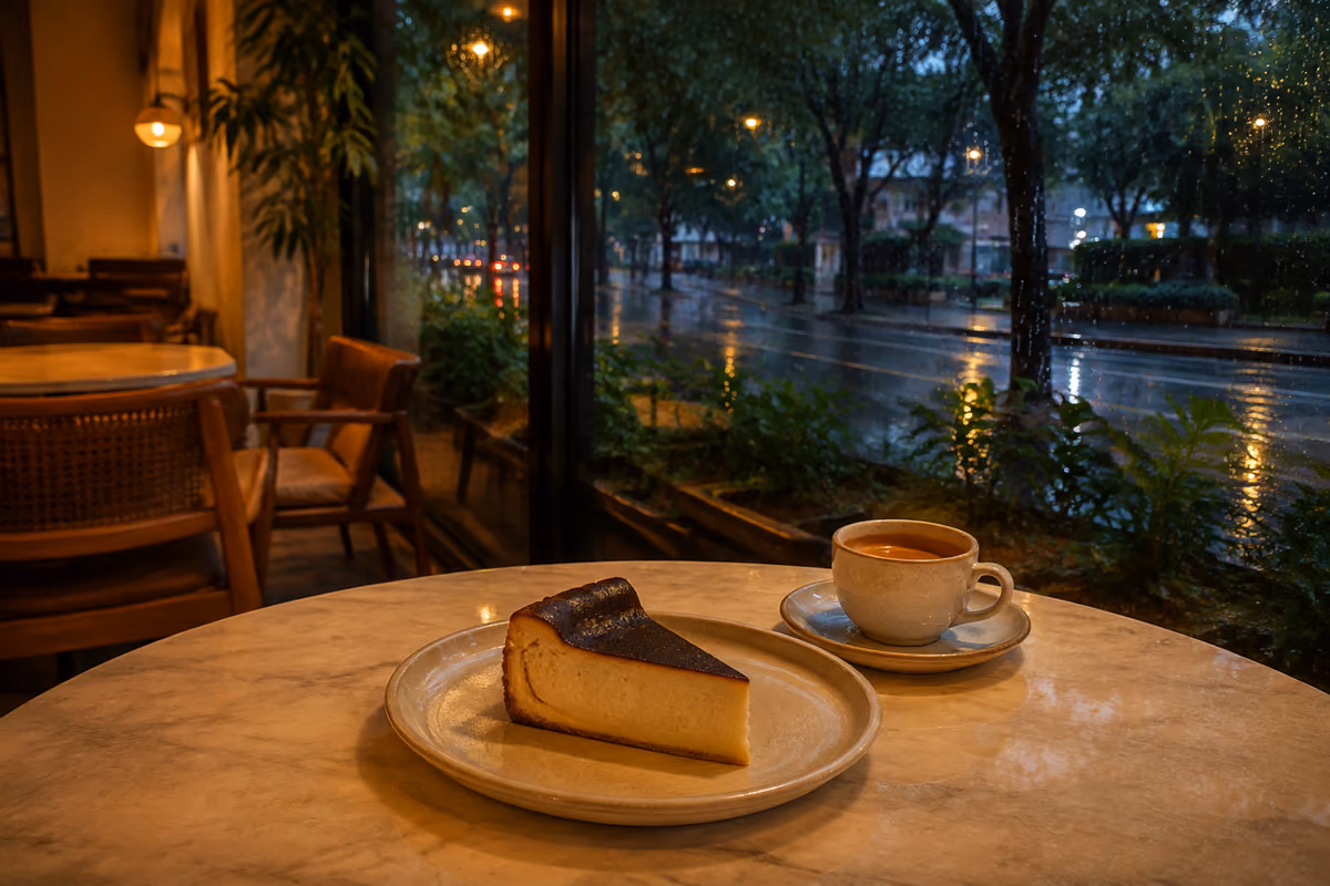 Cheesecake and espresso beside a rain-lit JP Nagar cafe window