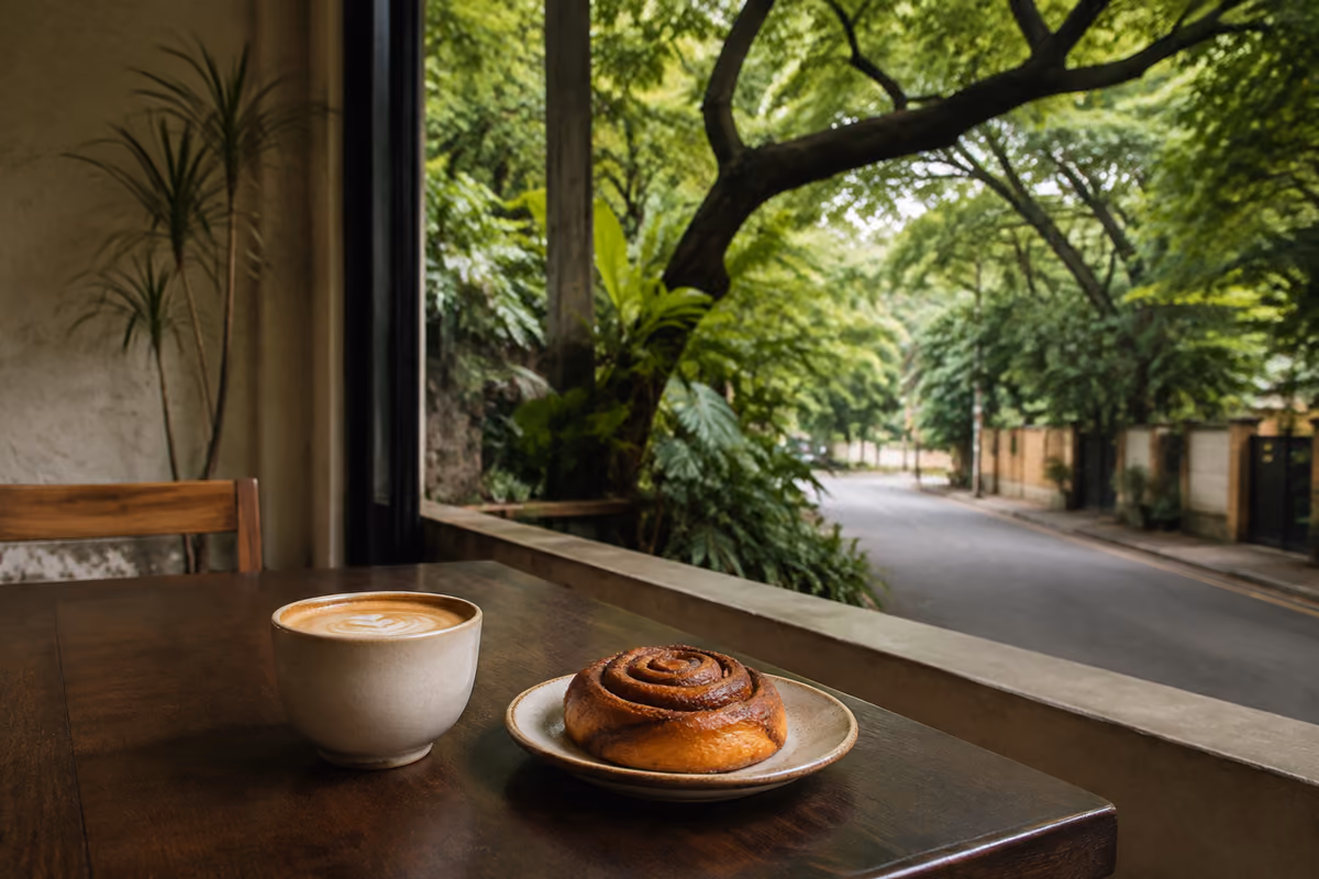 Cappuccino and a cinnamon roll beside a leafy Sarjapur Road lane