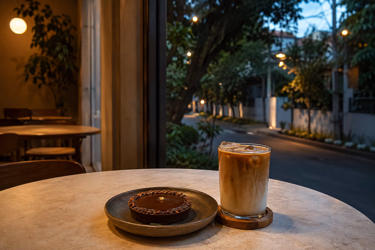 Chocolate tart and iced latte at a quiet Sarjapur Road cafe at dusk