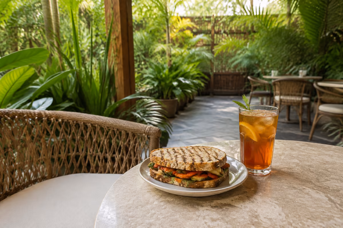 A grilled sandwich and iced tea on a shaded Sarjapur Road cafe terrace