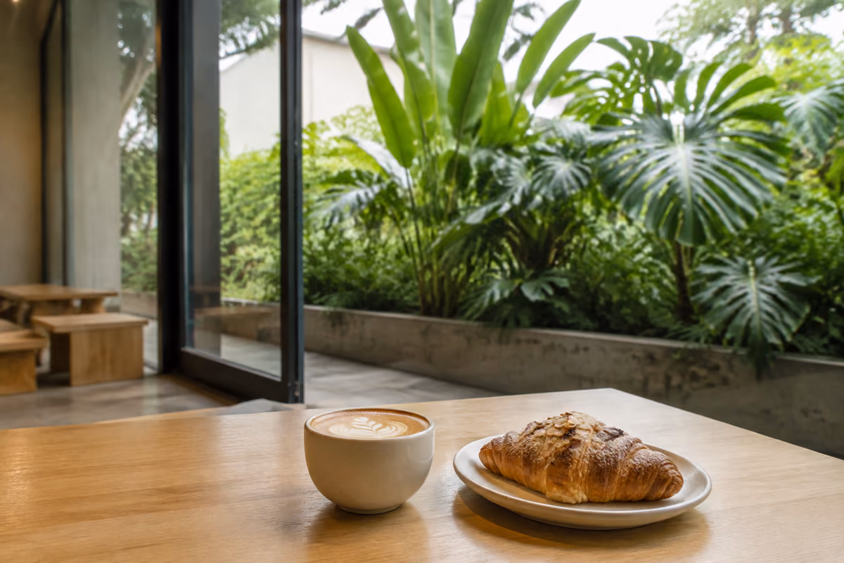 Flat white and an almond croissant in a bright Whitefield cafe