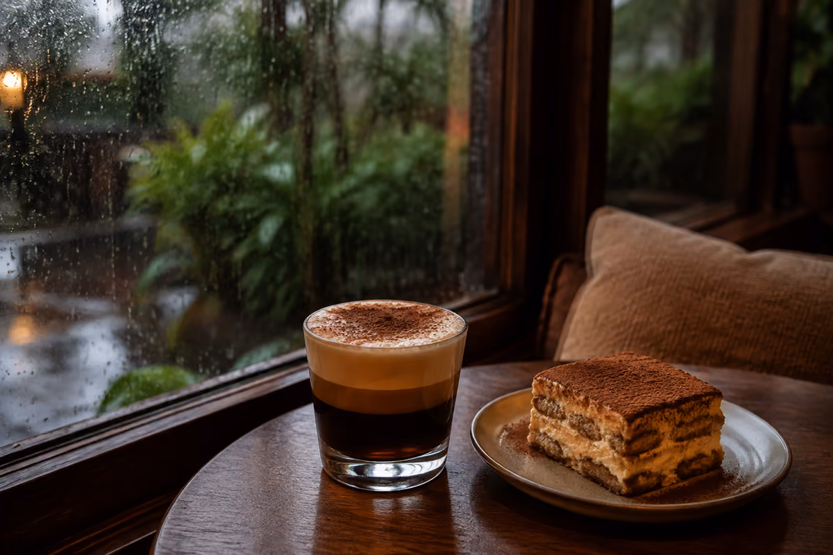 Tiramisu and cold coffee beside a rain-speckled Whitefield cafe window