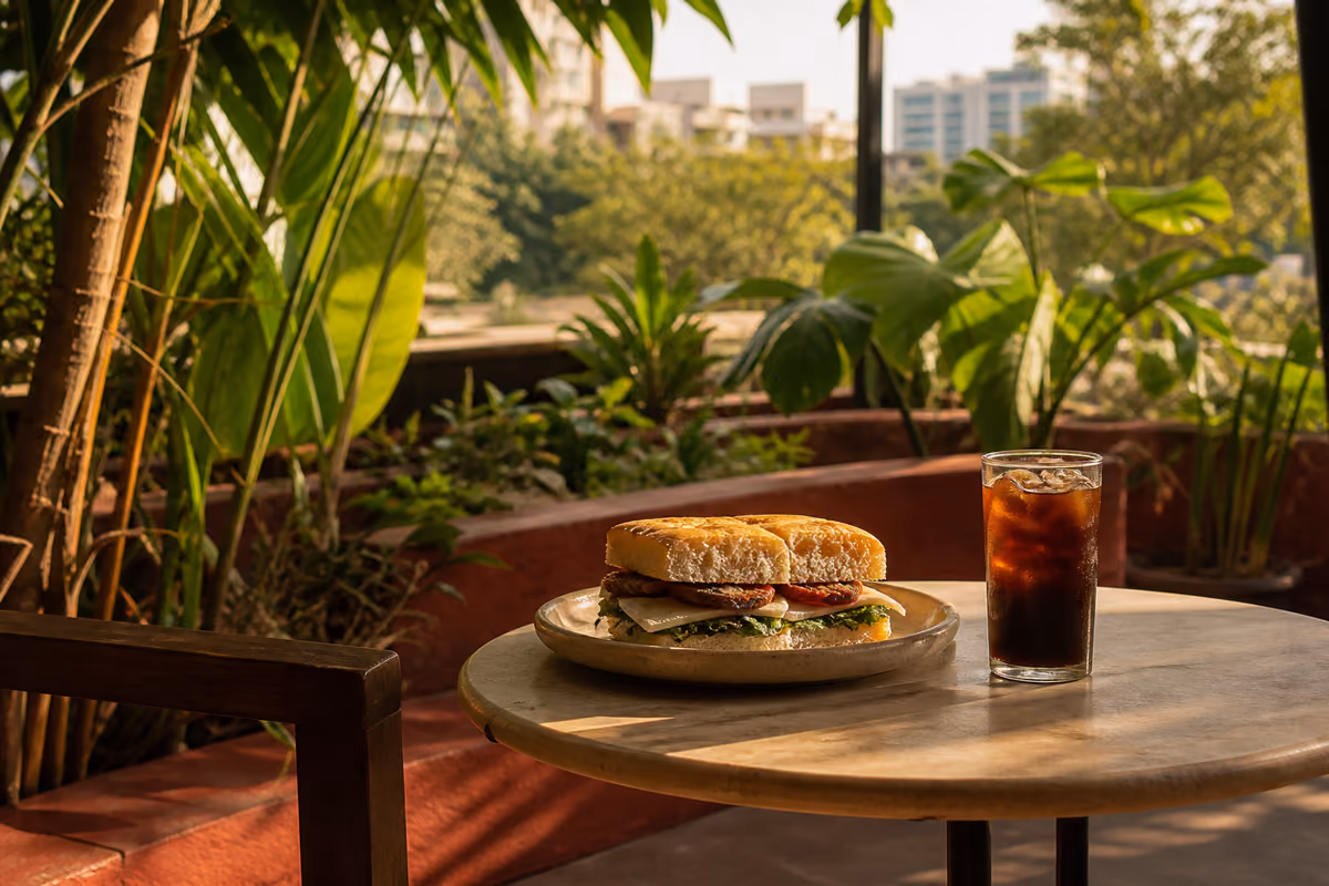 A sandwich and cold brew on a leafy Whitefield cafe terrace