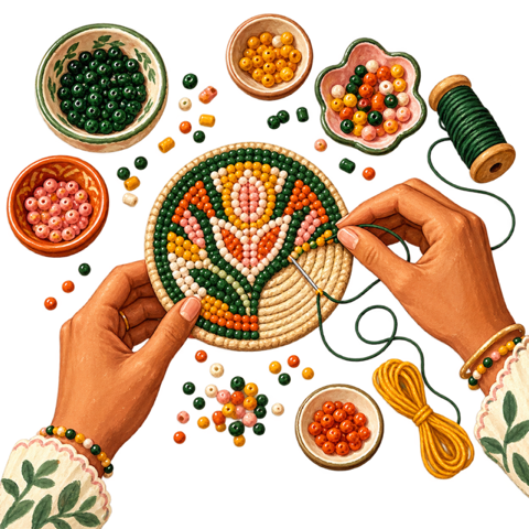 Hand-painted beaded coaster and craft materials