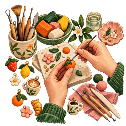 Hand-painted clay charms and sculpting tools